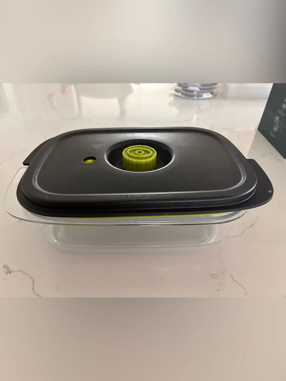 Clear Rectangular Food Storage Container with Black & Lime Green Lid vacuum seal